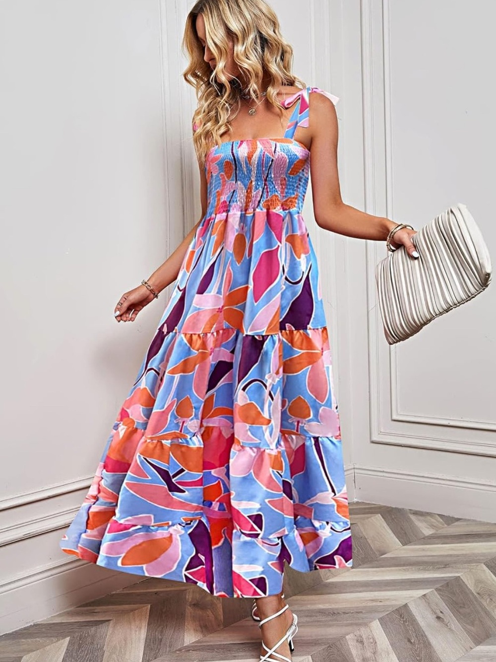 Smocked Tiered Maxi Dress in Blue, Pink & Orange Abstract Print